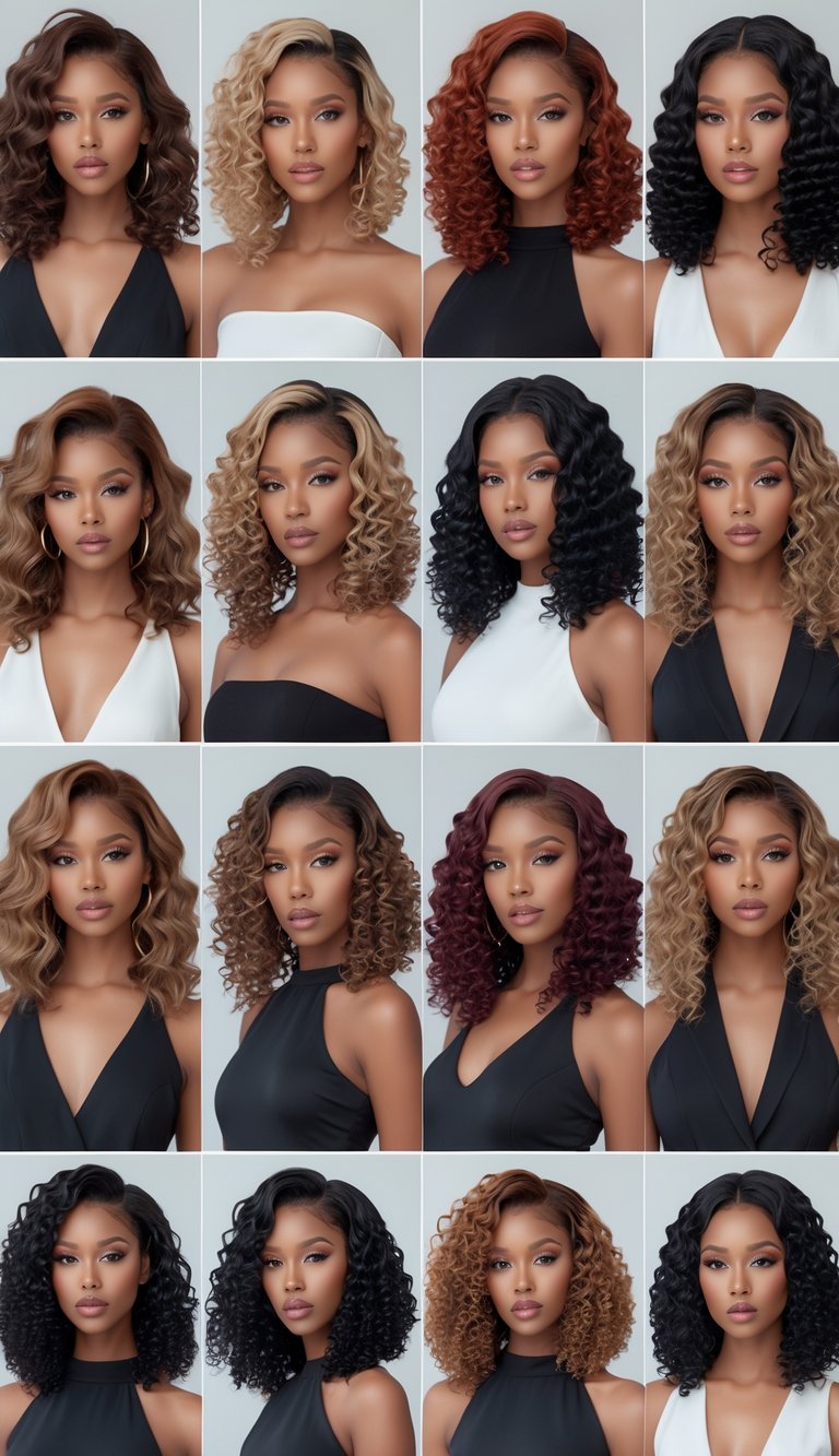 A group of women with various curly long bob hairstyles posing in a bright studio.