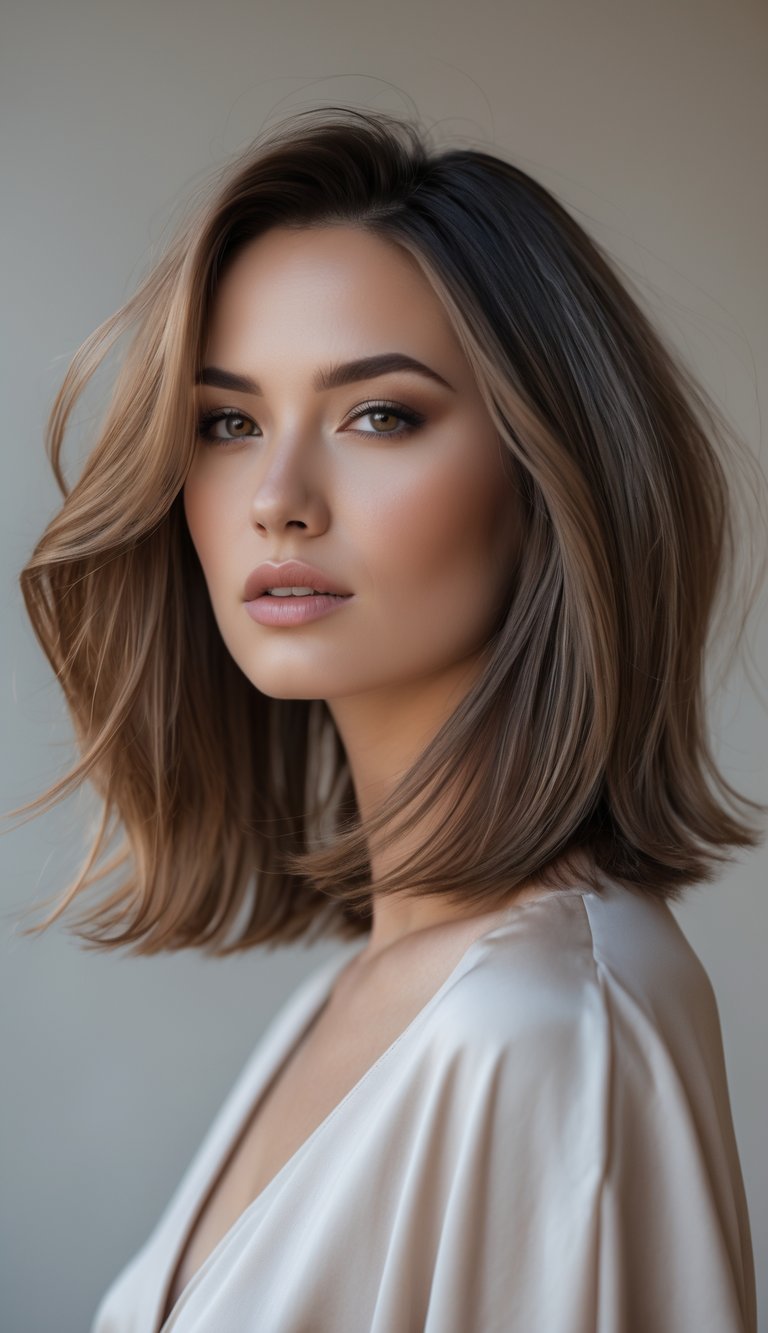 Close-up portrait of a woman with a shoulder-length haircut featuring textured, messy ends, smiling softly against a plain background.