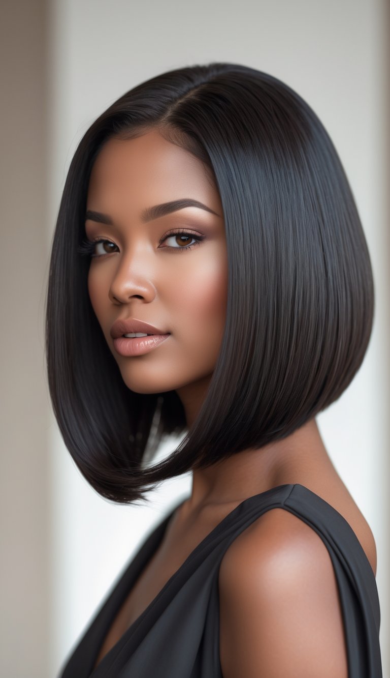 Close-up portrait of a woman with a shoulder-length bob hairstyle showing volume at the roots, looking confidently at the camera.