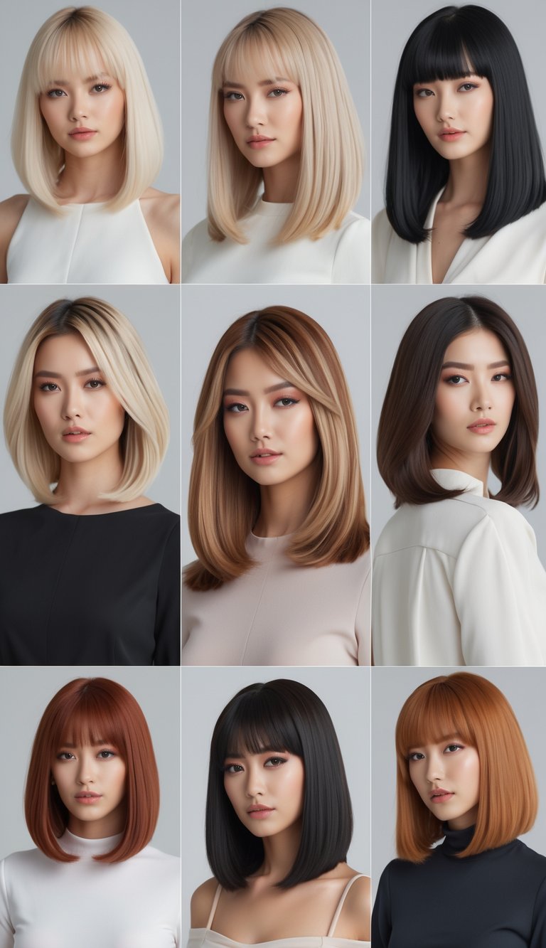 A group of women with various graduated long bob hairstyles posing in a bright studio.
