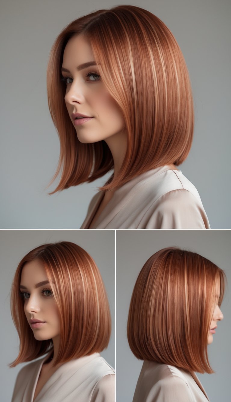 A woman with a long bob hairstyle featuring copper highlights, posing in a studio with a neutral background.