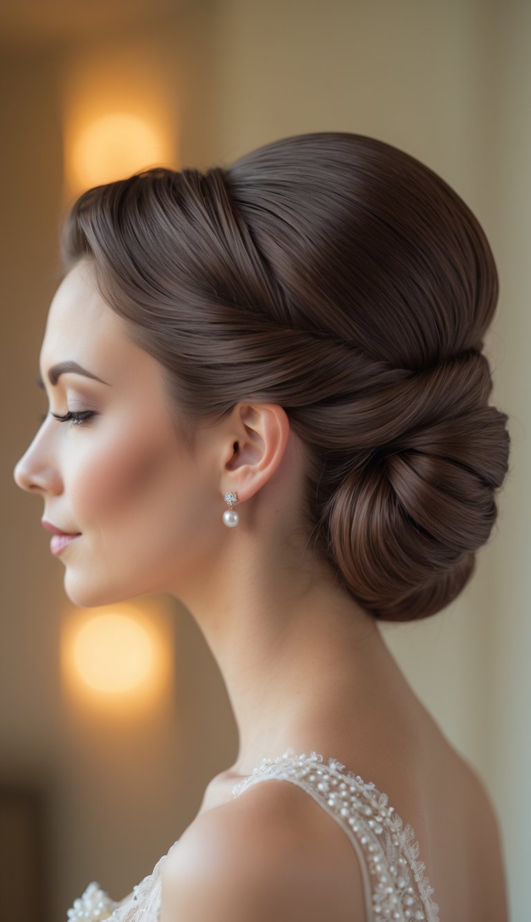 Close-up of a woman with her hair styled in a low bun, wearing pearl earrings and soft makeup, against a blurred neutral background.