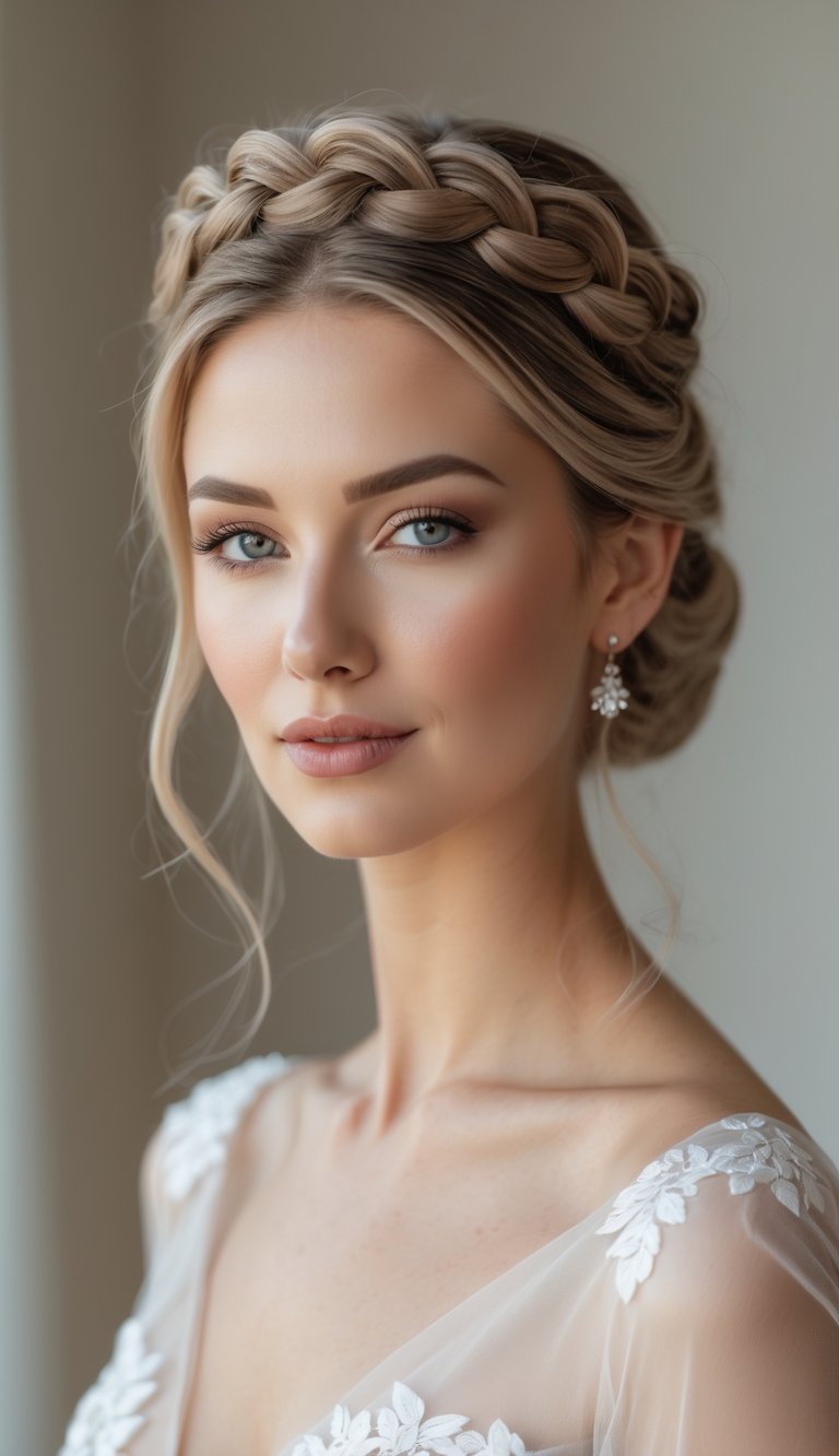 A woman with an intricate braided crown hairstyle posed against a neutral background.