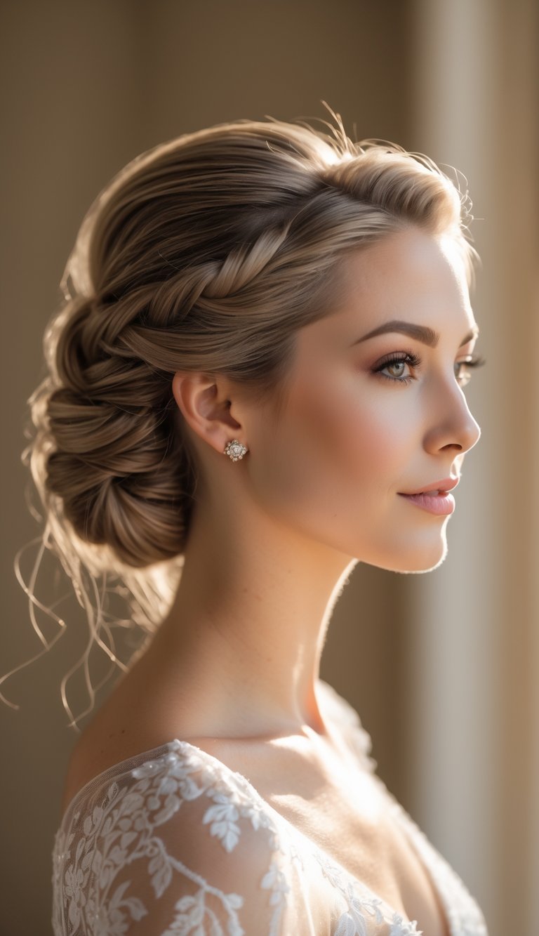 A woman with a low twisted bun hairstyle, shown from the shoulders up against a softly blurred background.