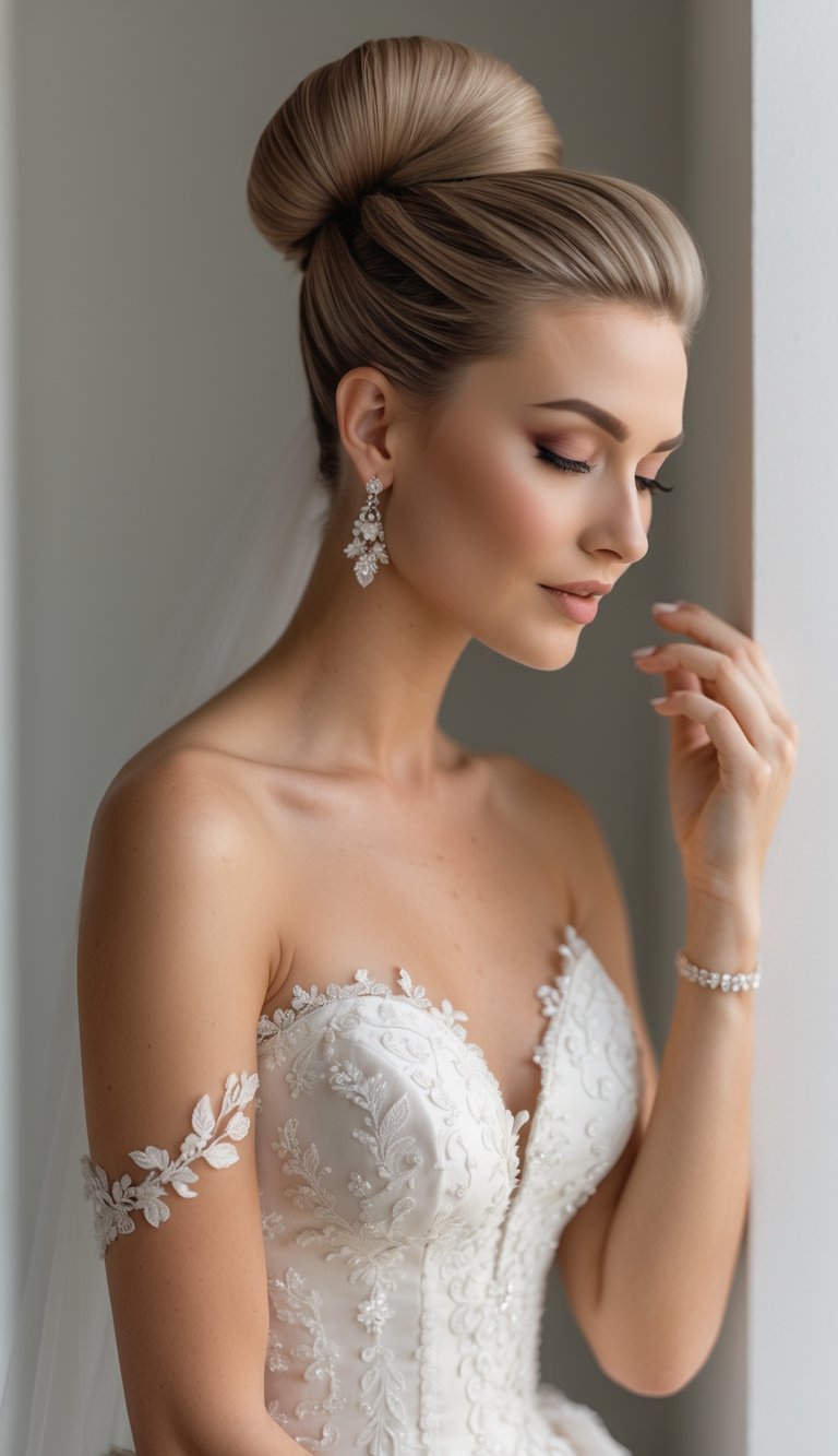 A woman with a sleek high bun hairstyle wearing a wedding dress, posing gracefully against a neutral background.