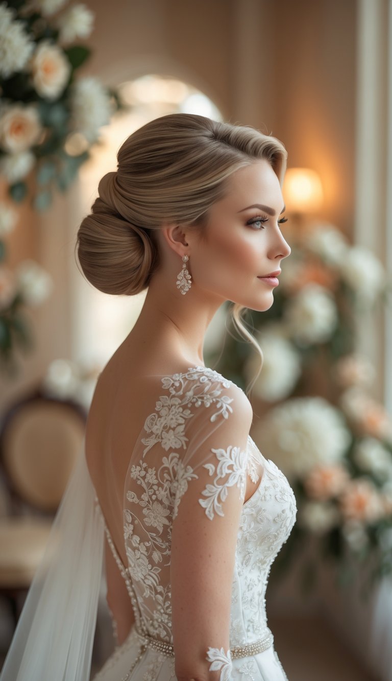A woman with an elegant updo hairstyle wearing a wedding dress in a softly lit indoor setting.
