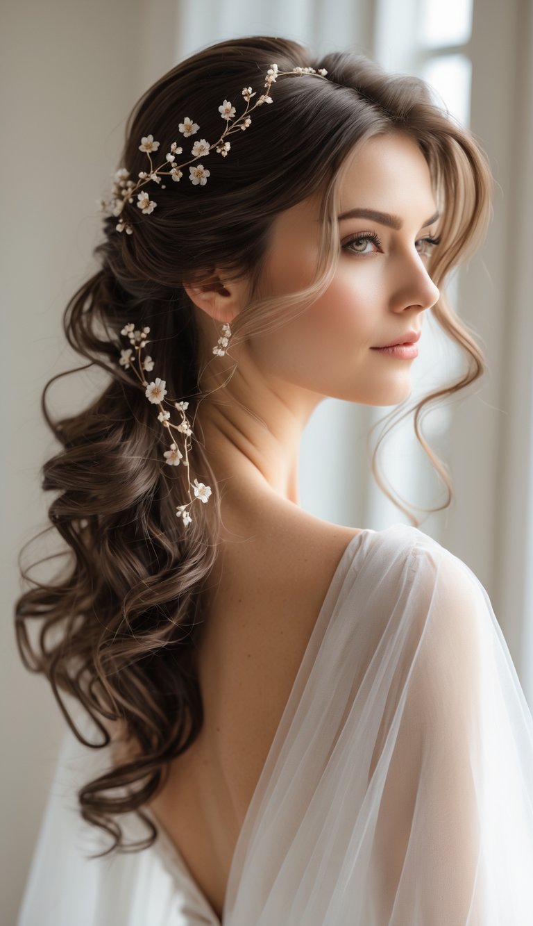 A woman with loose wavy hair decorated with a delicate hair vine, looking serene with a softly blurred background.