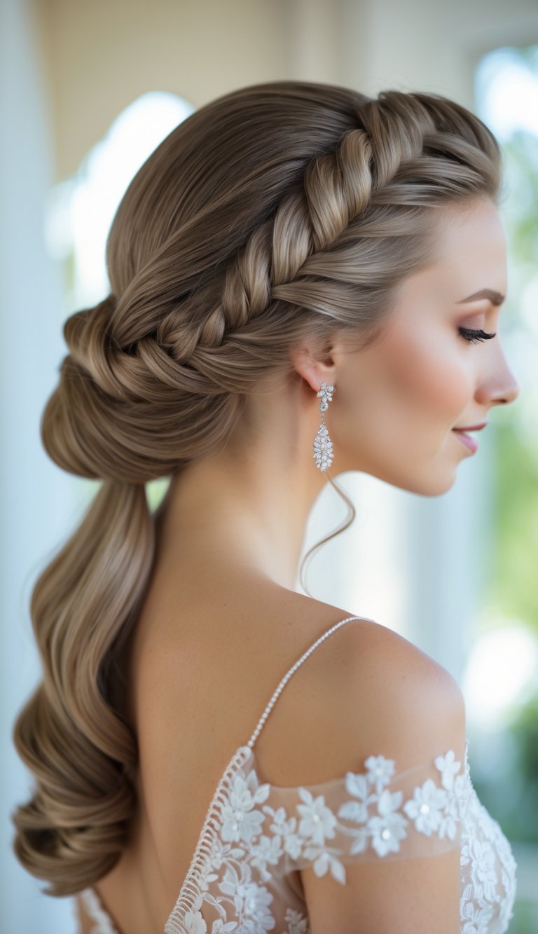 A woman with a half-up fishtail braid hairstyle wearing a wedding dress in a softly lit setting.