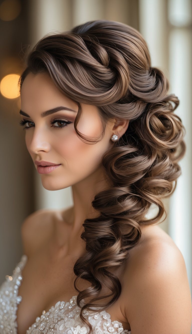 A woman with side-swept curls looking slightly to the side with a soft blurred background.