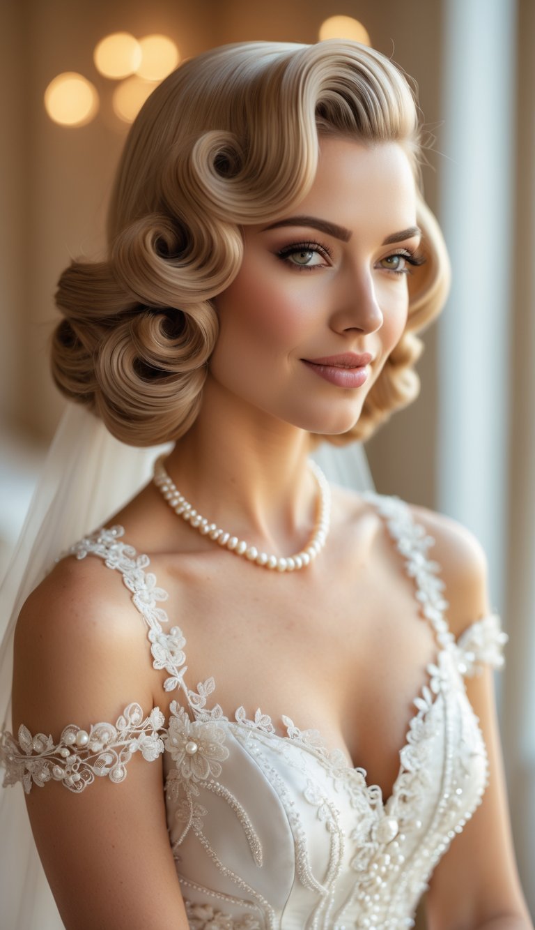 A woman with a vintage wavy hairstyle wearing a white wedding dress in a softly lit setting.