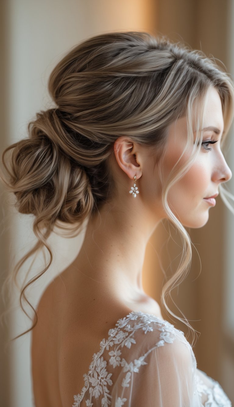 Close-up of a woman with a loosely styled low ponytail, looking serene against a softly blurred background.