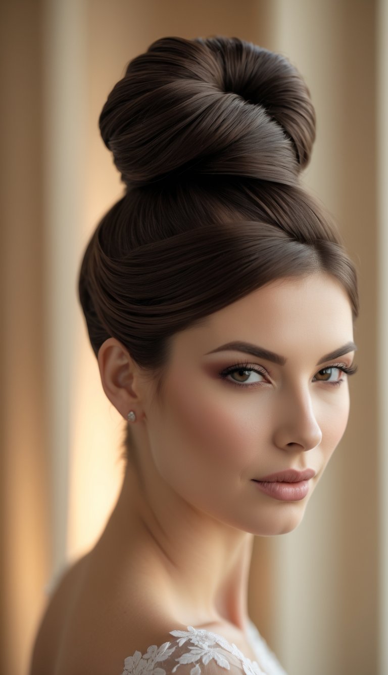 Close-up of a woman with a neatly styled top knot hairstyle, looking serene against a softly blurred background.