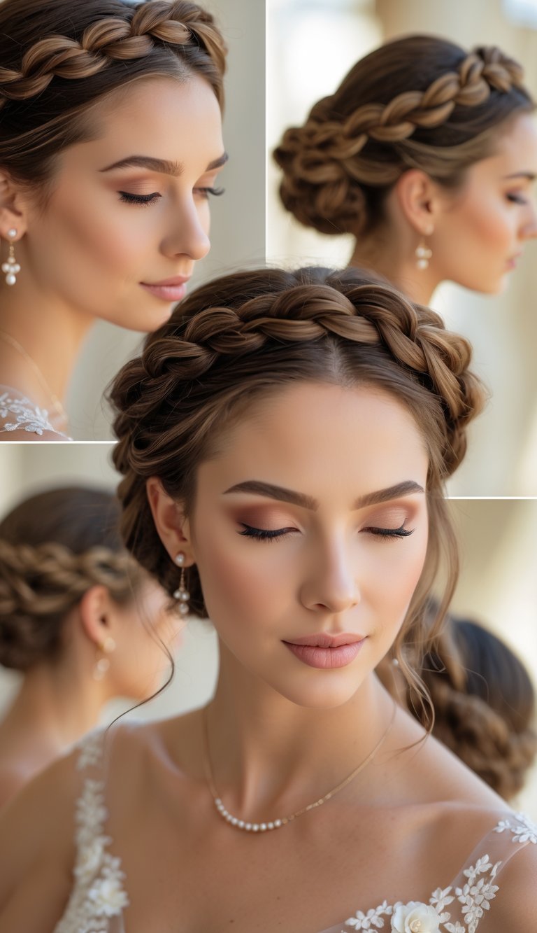 Close-up of a woman with a braided halo hairstyle, wearing bridal accessories and natural makeup, against a softly blurred background.