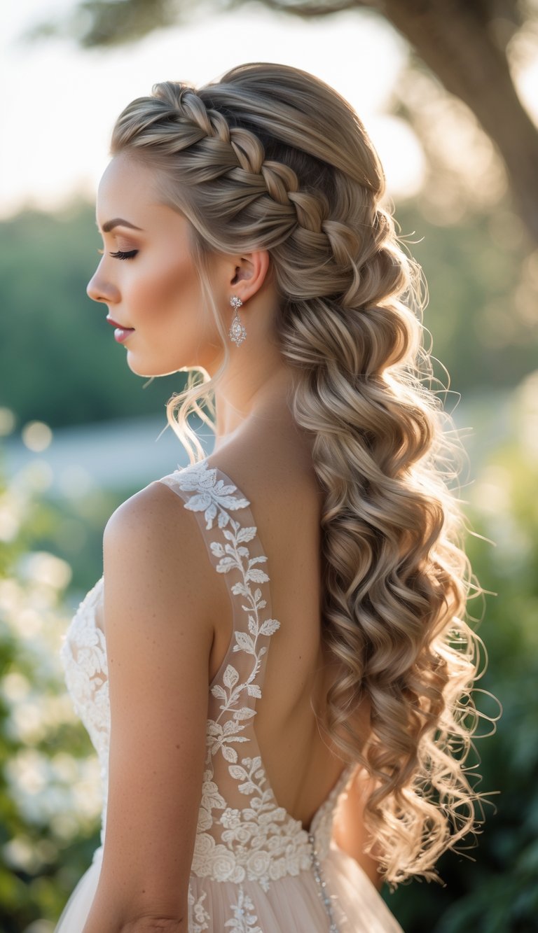 A young woman with a braided half-up hairstyle and loose curls, wearing a white dress, standing outdoors with greenery in the background.
