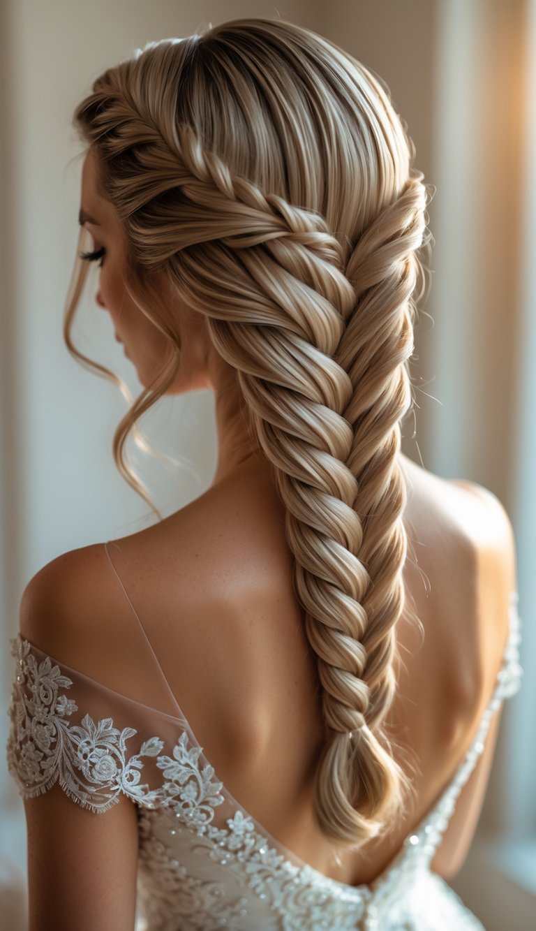 Close-up of a woman from behind with a twisted rope braid hairstyle wearing a white wedding dress.