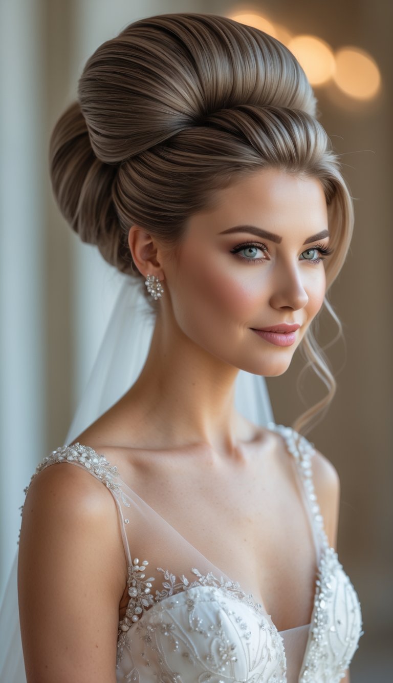 A woman wearing a wedding dress with a high ponytail hairstyle, posing indoors with a softly blurred background.
