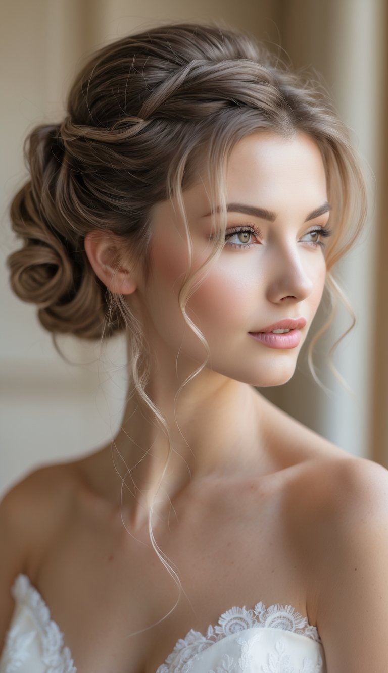 A young woman with a side bun hairstyle wearing a white dress, looking softly to the side against a blurred background.