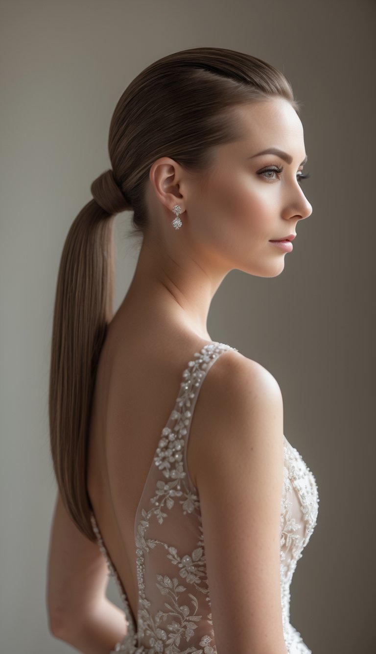 A woman with a sleek ponytail and middle part wearing a wedding dress, posing in a softly lit studio.