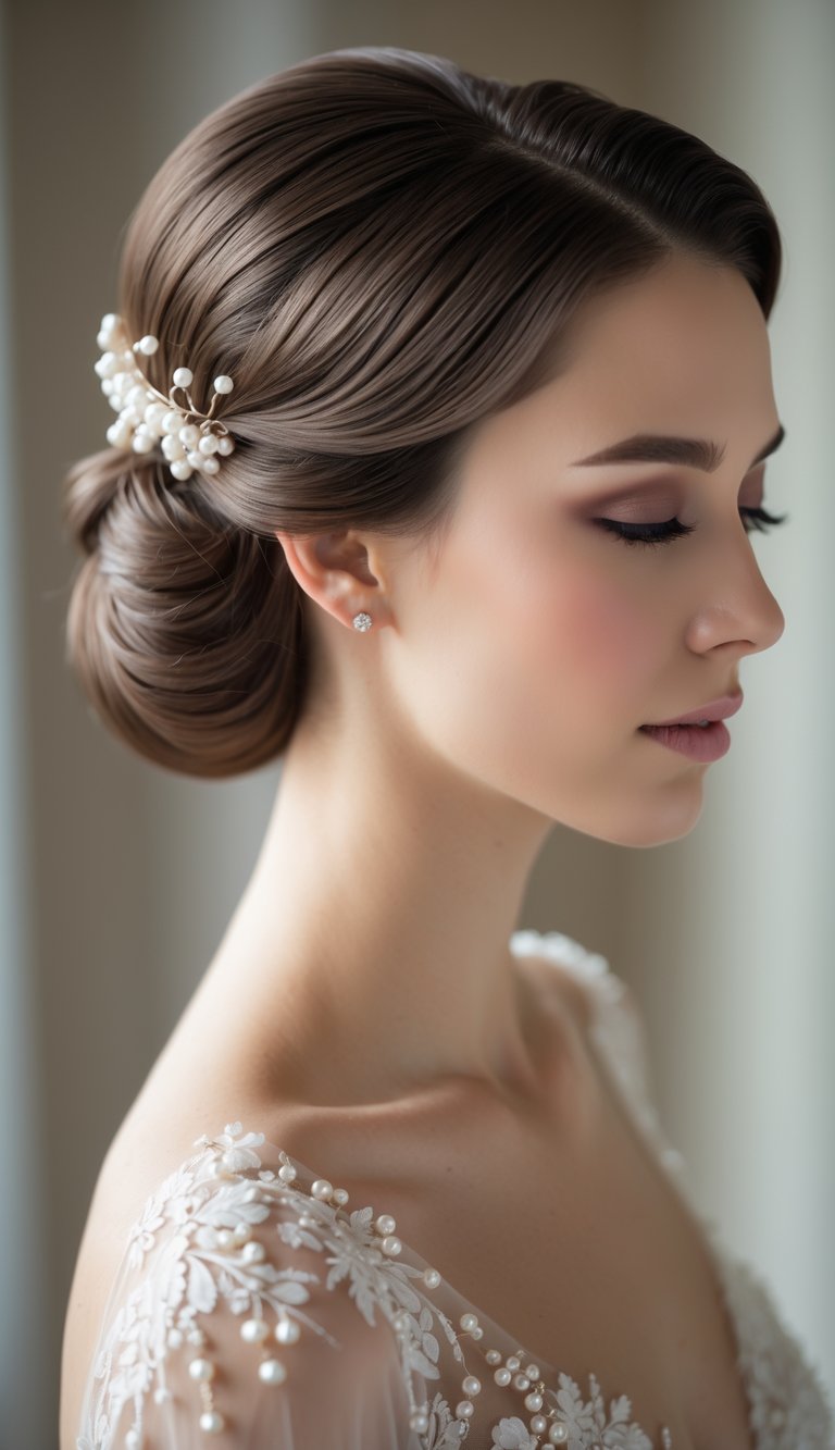 Close-up of a bride with a neat, low chignon hairstyle and delicate hair accessories, softly lit against a blurred background.