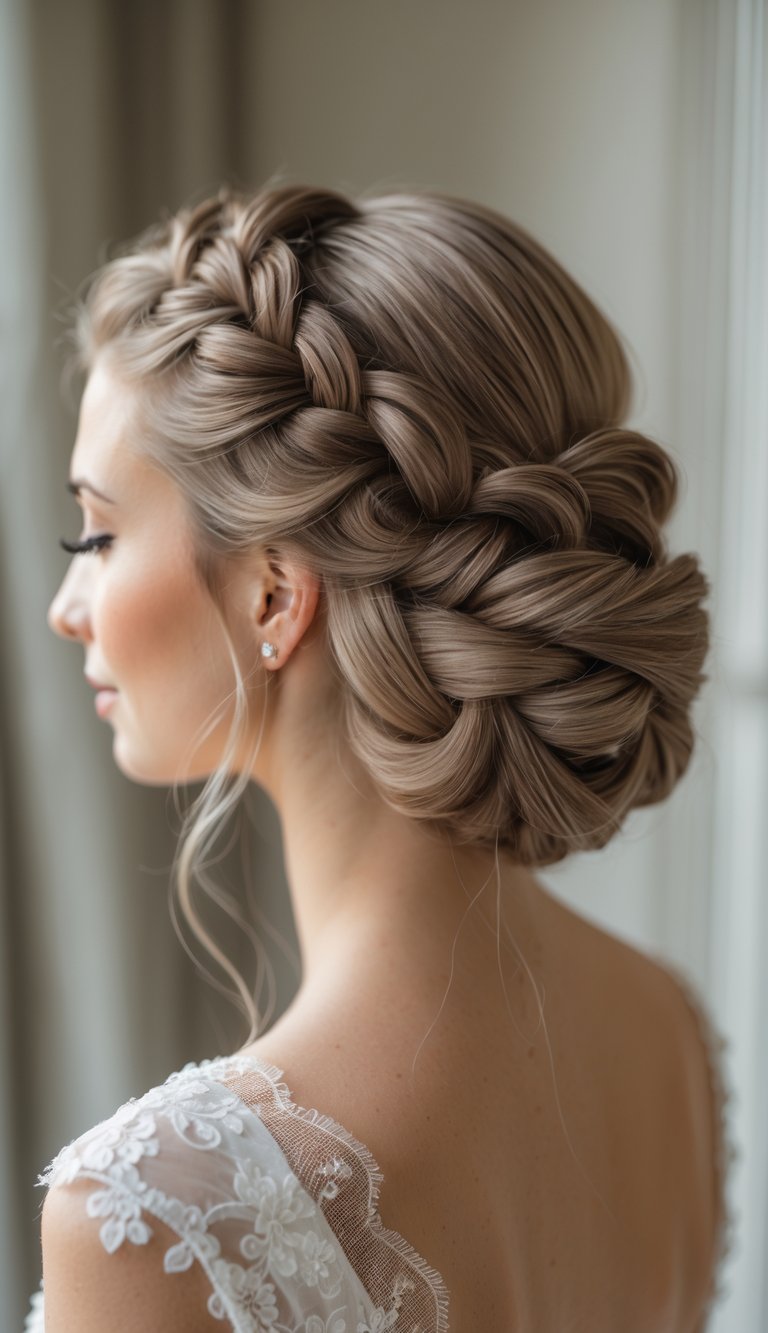 Close-up of a woman with an intricate braided updo hairstyle, wearing a light-colored dress, against a soft neutral background.