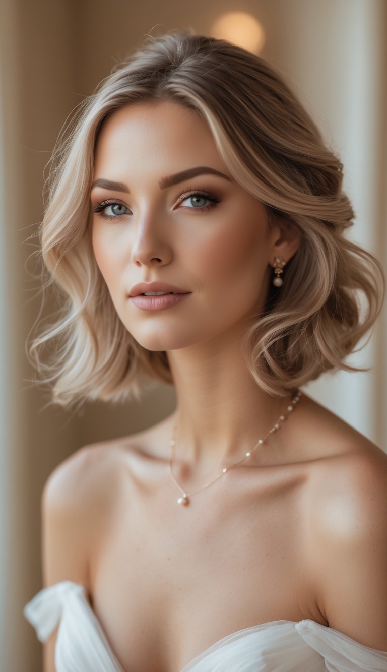 Close-up portrait of a woman with shoulder-length soft textured hair styled for a wedding, wearing pearl earrings and a white dress.