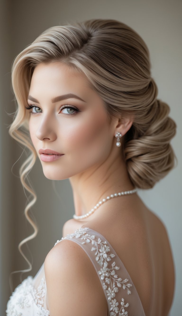 Close-up of a woman with a pinned back half-up hairstyle, looking serene with soft waves and subtle makeup.