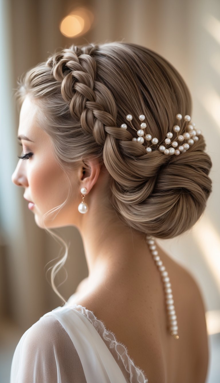 Close-up of a woman with a braided bun hairstyle decorated with pearls, wearing a white dress.