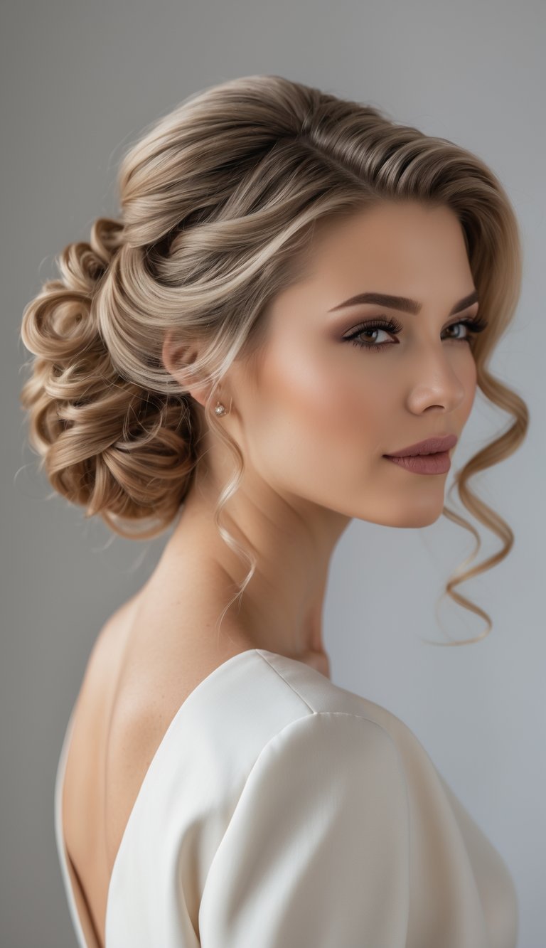 A woman with a side chignon hairstyle featuring soft curls, posing in a well-lit studio with a neutral background.