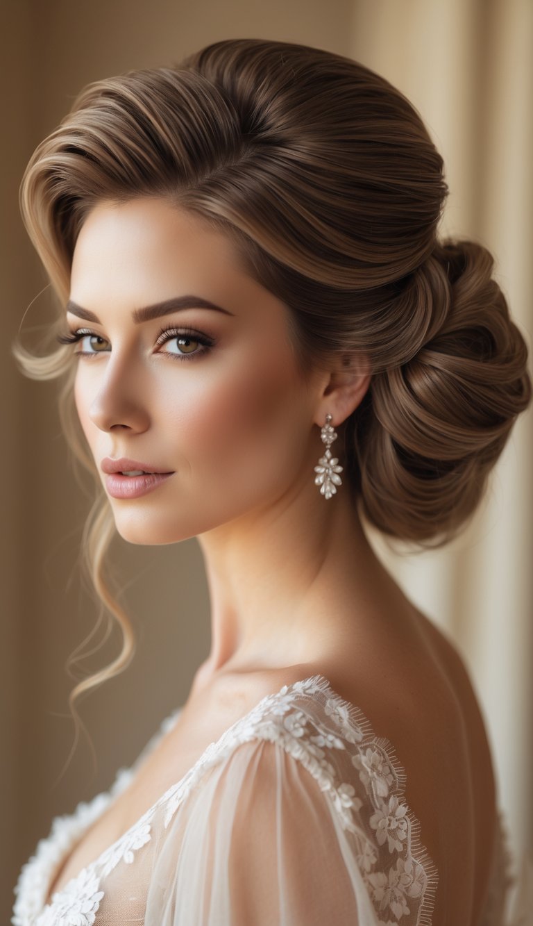 Close-up portrait of a woman with voluminous styled hair, wearing a bridal outfit, looking serene against a softly blurred background.