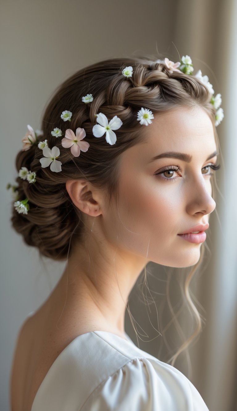 A woman with a braided crown hairstyle decorated with small flowers, looking calm against a neutral background.