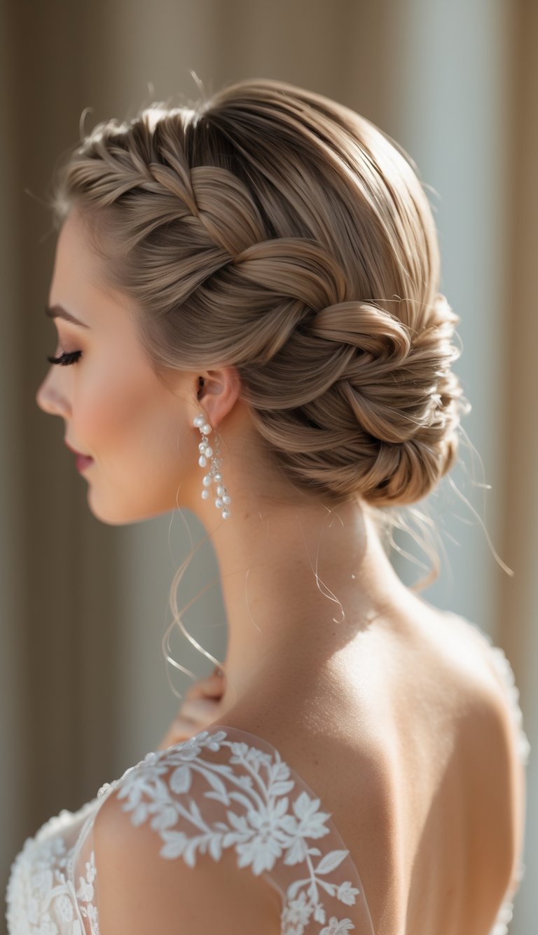 Close-up of a woman with a neatly braided hairstyle wearing a white dress.
