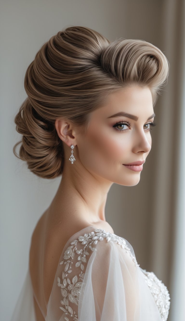 A woman with a polished updo hairstyle wearing a white bridal dress against a neutral background.