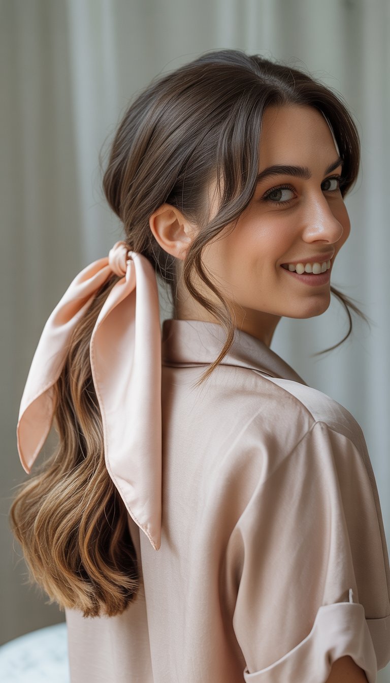A woman with a low ponytail tied with a silk scarf, smiling against a neutral background.