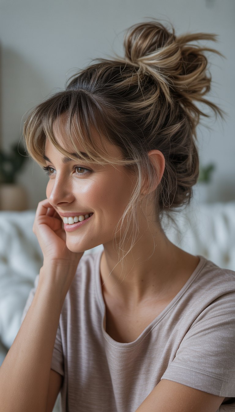 A woman with a messy bun and loose strands of hair smiling in a softly lit indoor setting.