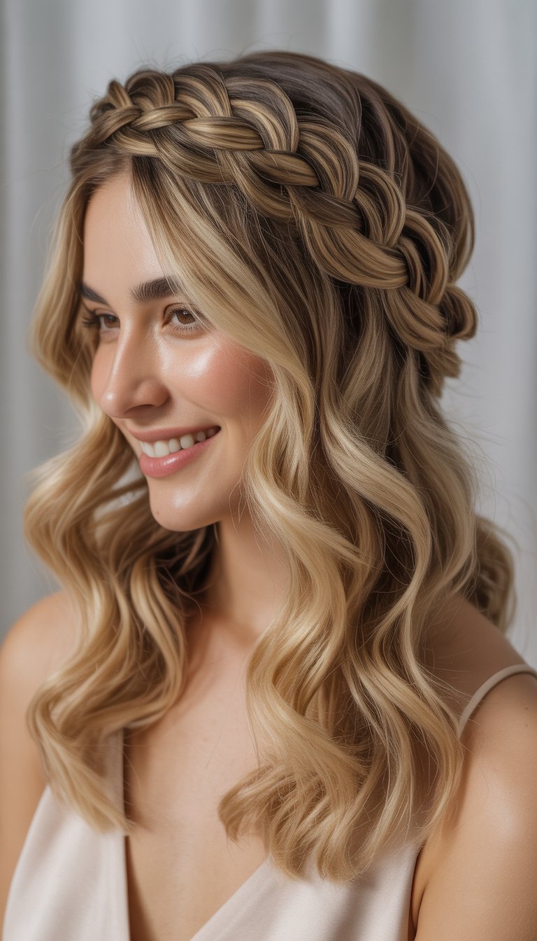 A woman with a braided crown hairstyle and soft waves smiling against a plain background.