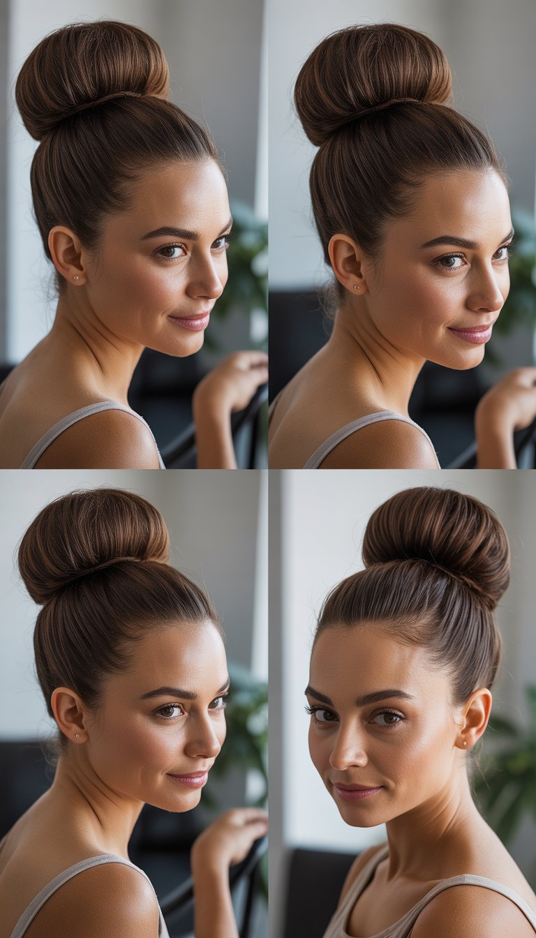 A woman with a sleek high bun hairstyle looking confidently at the camera in a simple studio setting.