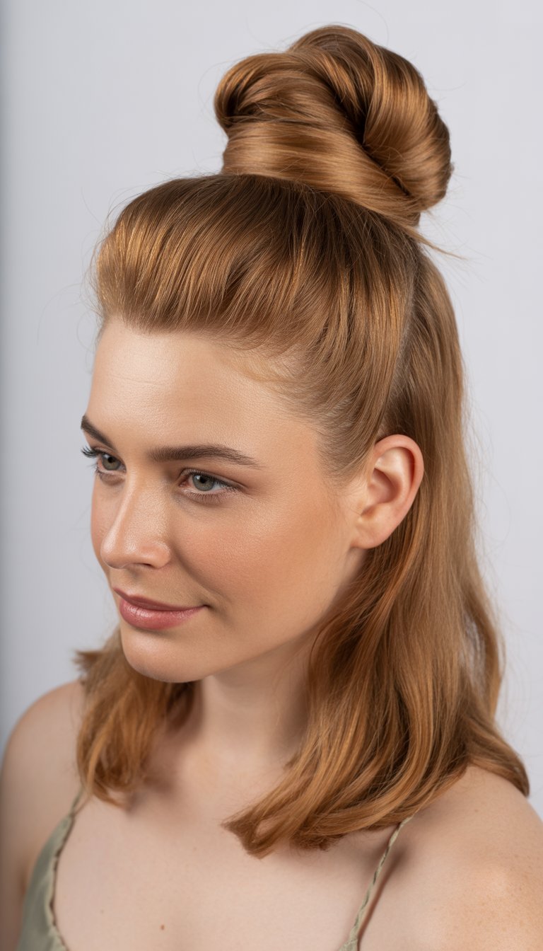 A woman with medium-length hair styled in a half-up twisted knot, smiling gently against a plain background.