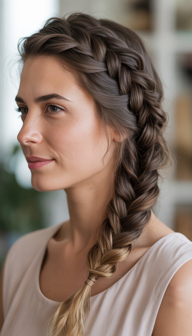Woman with a side-swept fishtail braid looking slightly to the side against a blurred neutral background.