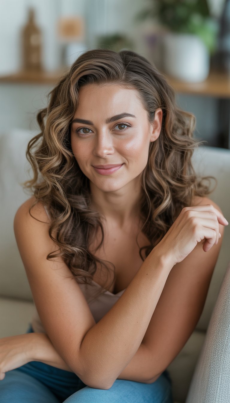 A woman with loose curls and a middle part hairstyle smiling in a softly lit indoor setting.
