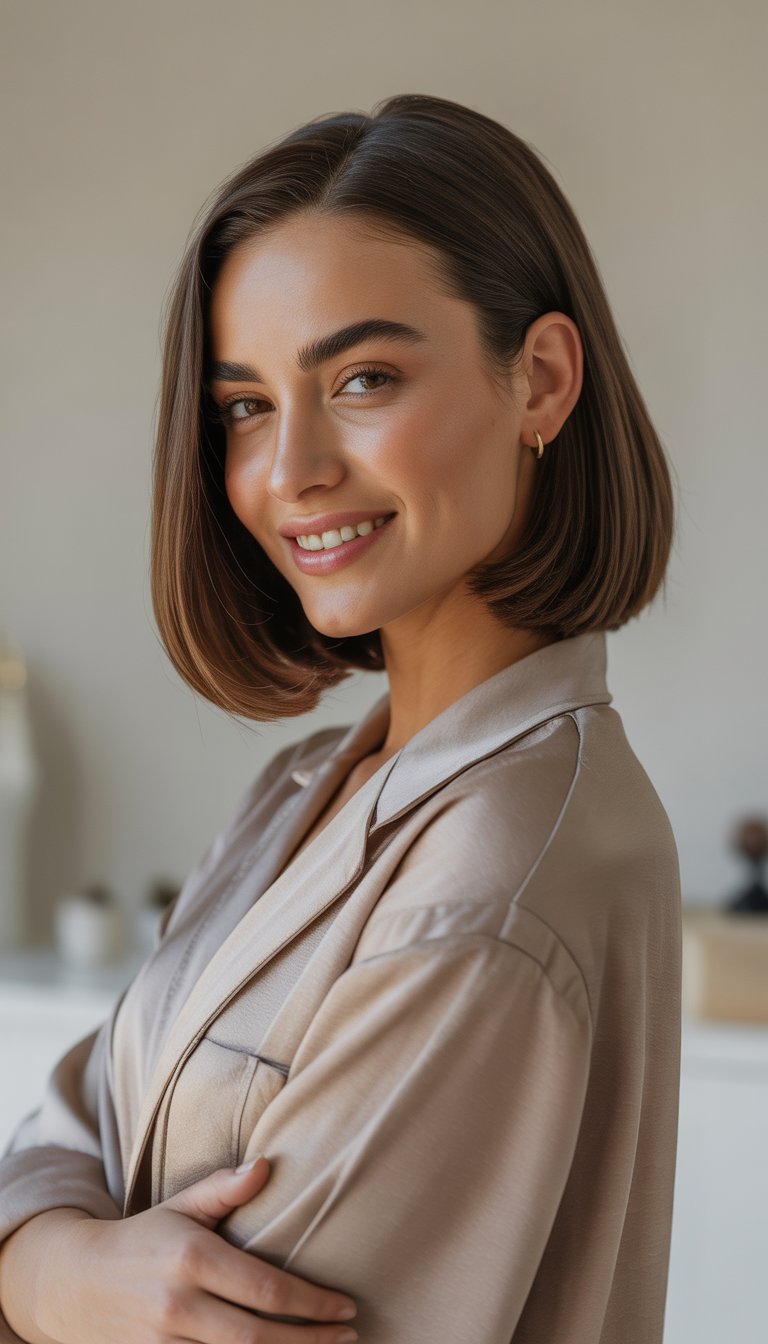 A woman with a smooth bob haircut tucked behind her ears, smiling gently against a neutral background.