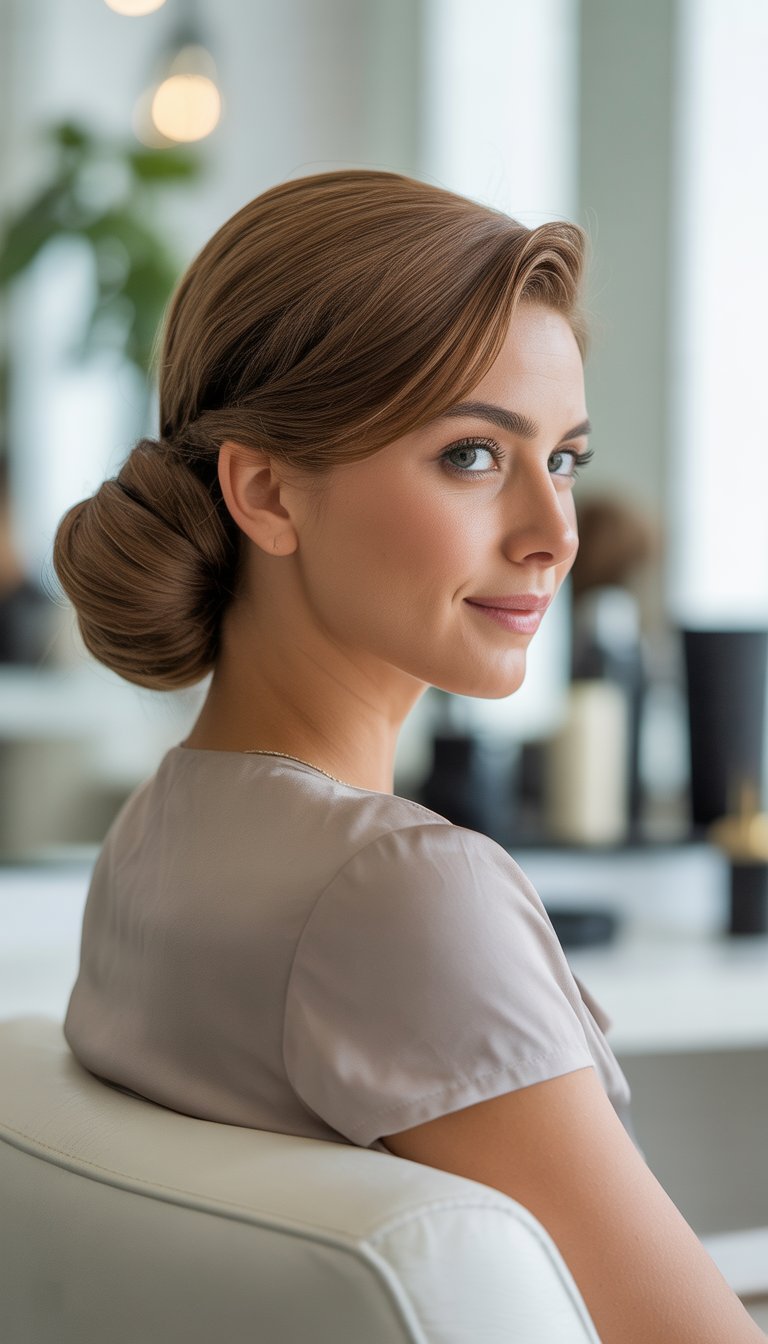 A woman with an elegant updo hairstyle sitting in a bright salon, looking calm and confident.