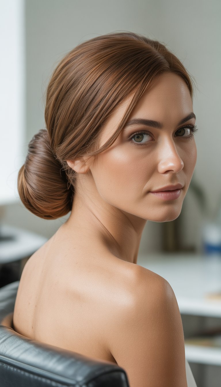 A woman with her hair styled in a low bun with a side part, looking slightly to the side against a plain background.