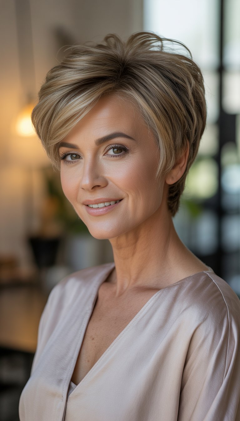 Portrait of a smiling woman over 40 with short voluminous hair against a softly blurred background.