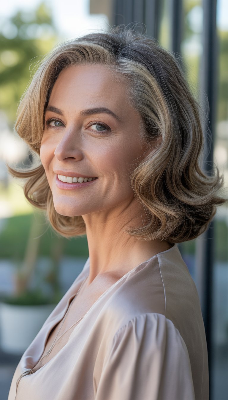 A smiling woman over 40 with shoulder-length wavy hair in an outdoor setting.