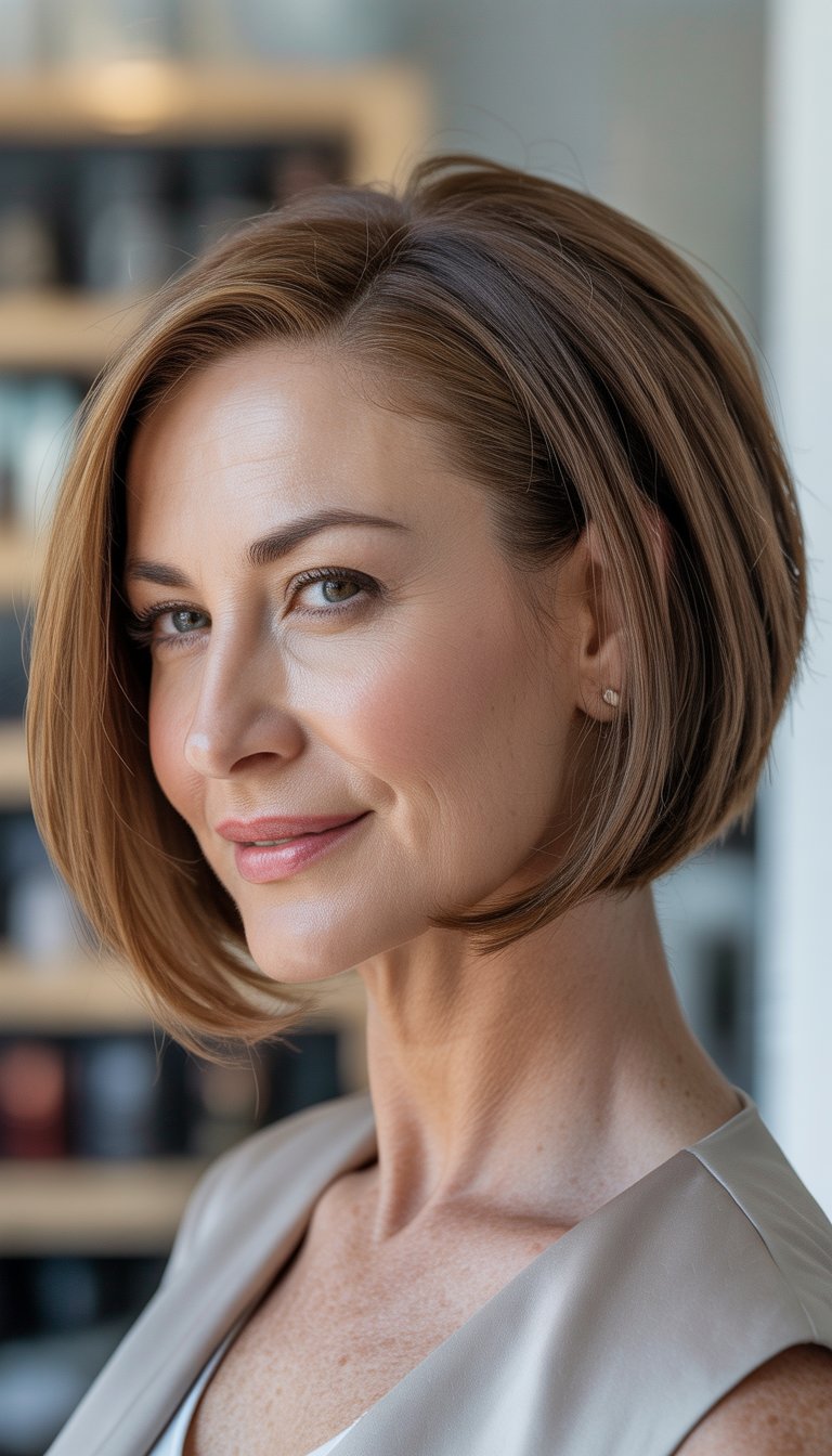 A smiling woman over 40 with an asymmetrical bob haircut against a softly blurred neutral background.