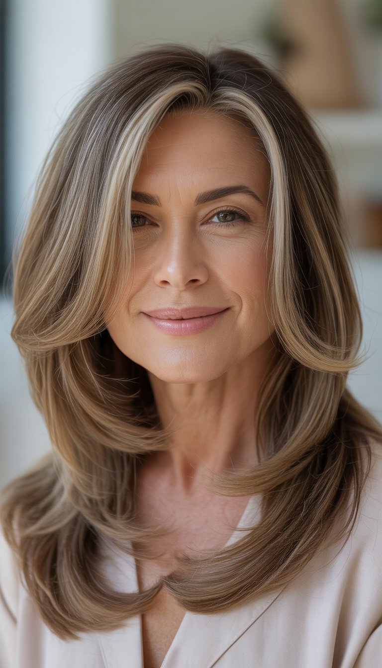 A smiling woman over 40 with long layered hair framing her face, looking confident in a softly lit setting.
