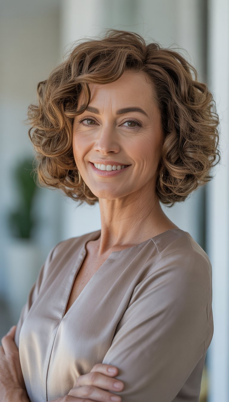 A smiling woman over 40 with a curly bob haircut standing against a light background.