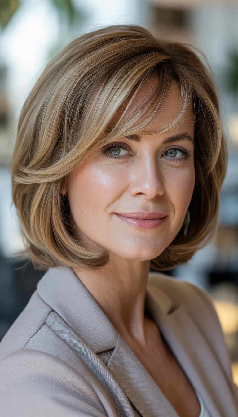 A smiling woman with medium-length hair and side bangs looking at the camera in a softly lit setting.