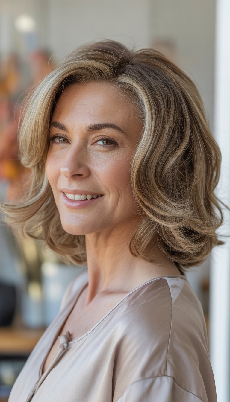 A smiling woman over 40 with shoulder-length hair, looking slightly away from the camera against a blurred background.