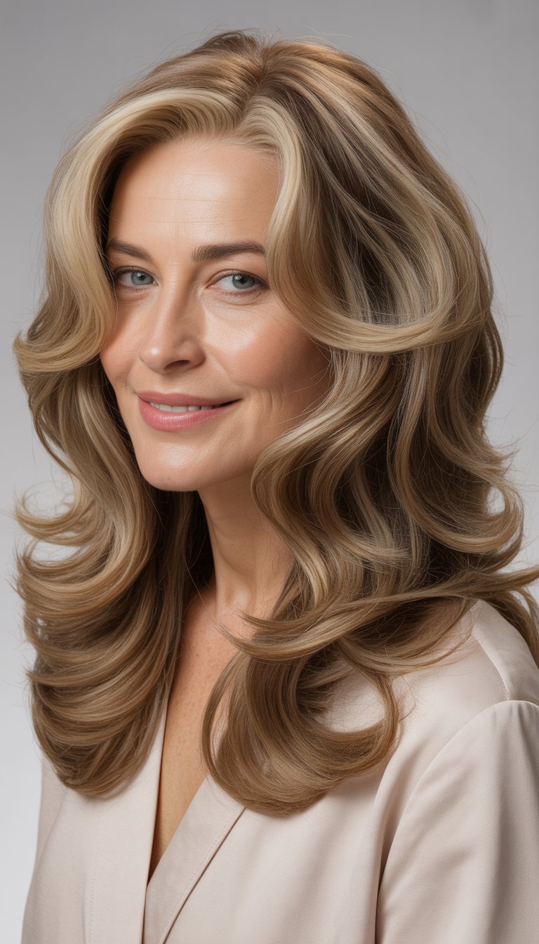 A woman over 40 with long layered wavy hair smiling in a studio setting.